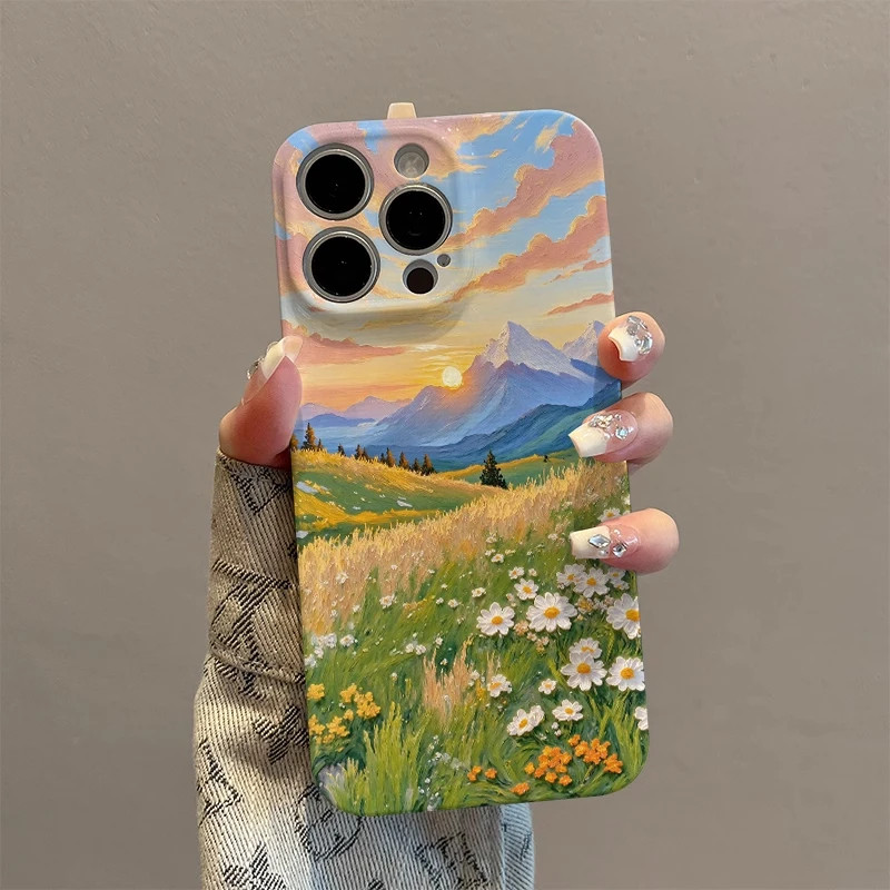 14ProMax适用落日草坪山川手机壳硬iPhone13小清新12菲林荣耀MAGIC7高级感苹果16带镜子支架15plus真我gt7pro