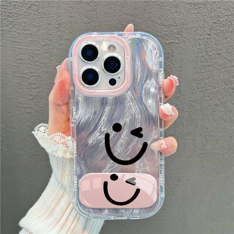 手机壳软iPhone12带镜子支架15PLUS眨眼笑脸适用16ProMax红米K80简约华为Nova14羽纱泡芙苹果13高级感荣耀x70