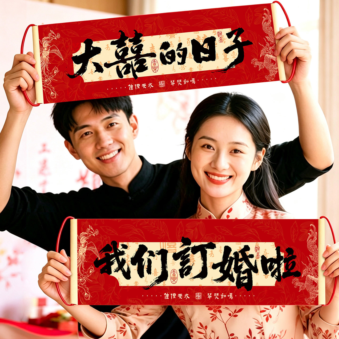 订婚拍照横幅订婚桌面布置图片