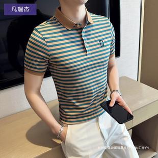 新款 修身 夏季 体恤 潮牌高端设计感条纹翻领半袖 t恤男士 短袖 polo衫