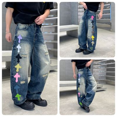 美式街头十字架破洞宽松牛仔裤男