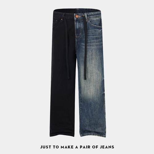 牛仔裤复古重磅巴黎风格拼接蓝黑