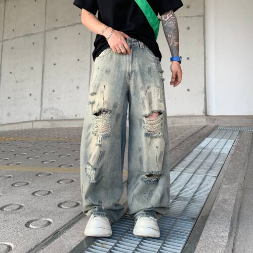巴黎风破洞牛仔裤男美式复古