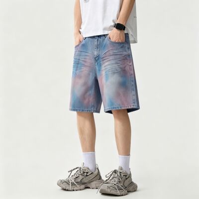 巴黎高街复古扎染牛仔短裤男