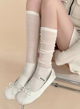 春夏薄款甜美学生透肉白色小腿袜灰色长筒袜黑色JK拼接堆堆袜女