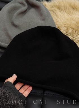 [屋顶的猫]黑色堆堆帽女2025秋冬新款显脸小包头帽大头围针织冷帽