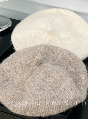 【屋顶的猫】黑色针织贝雷帽女秋冬帽子显脸小毛线帽马海毛画家帽