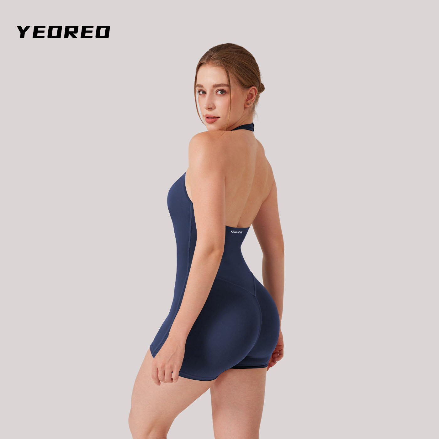 YEOREO莱卡连体衣U领性感美背瑜伽服裸感紧身提臀健身服女带胸垫