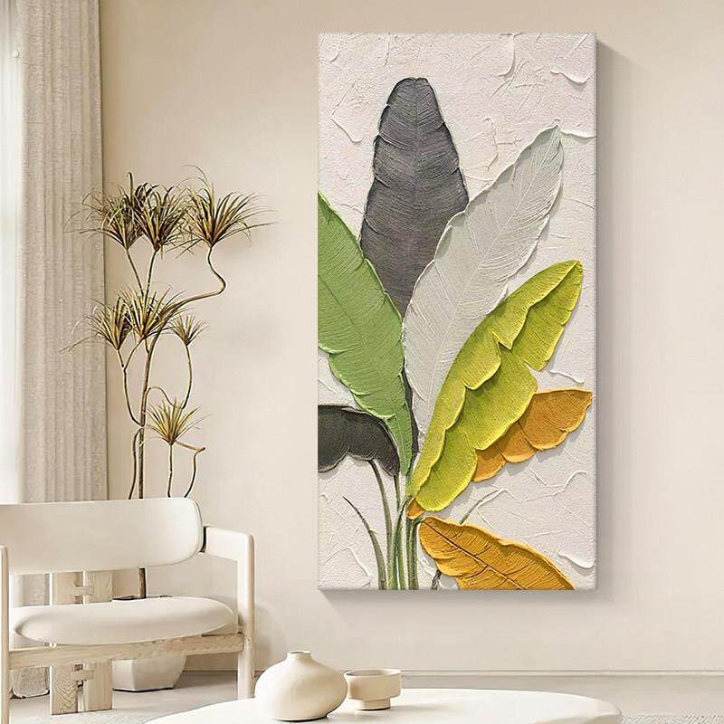 家大业大手绘油画芭蕉叶肌理客厅装饰画绿色植物进门入户玄关挂画