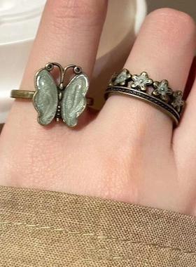 戒指活口可调节女中式复古蝴蝶戒指感小众花朵指环高级开口食指