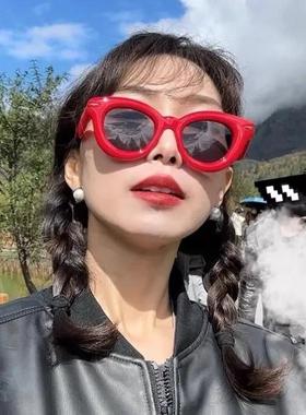 复古安可拉大红色墨镜女款潮欧美充气感太阳镜圆形可爱大框眼镜男