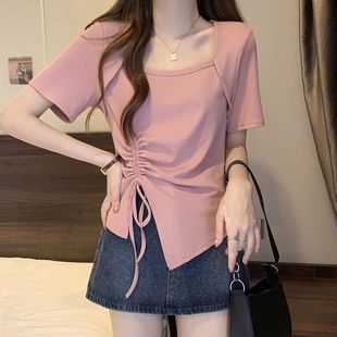 t恤女2024新款 夏季 抽繩短袖 法式 短款 鎖骨方領(lǐng)不規(guī)則獨(dú)特別致上衣