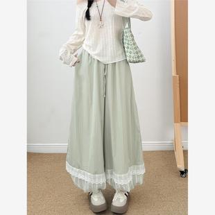 格子蕾絲拼接燈籠褲 學院風冰絲花苞裙褲 女夏季 高腰顯瘦闊腿女褲 子