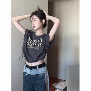 t恤女夏短款 6535棉正肩抽繩短袖 爵士舞寬松別致露臍上衣甜辣jazz