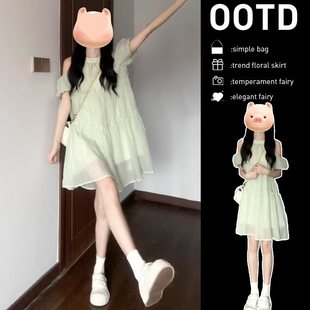 小個子超好看綠色連衣裙子女夏季 茶歇法式 小眾設(shè)計氣質(zhì)仙女公主裙