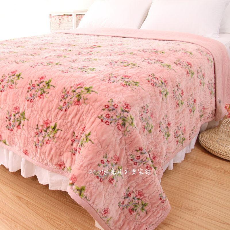 优选冬季毛绒床品法兰绒全棉绗缝被单件床盖加厚夹棉床单毛毯韩式