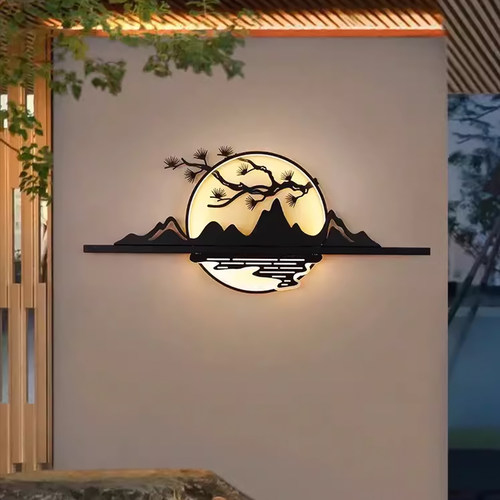 优选户外中式别墅庭院走廊过道背景墙壁灯防水玄关入户装饰山水画