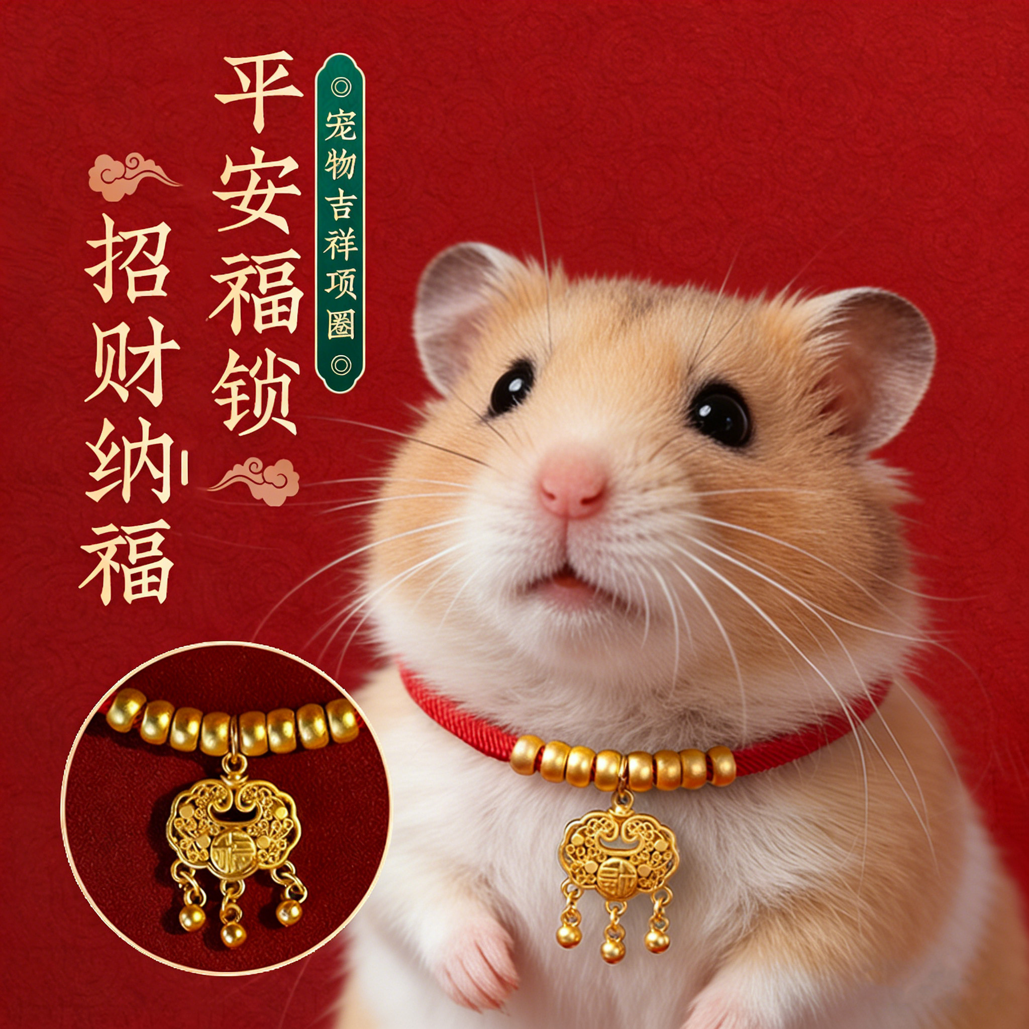仓鼠松鼠红色金锁项圈富贵长命锁宠物龙猫侏儒兔宠物新年项链装饰