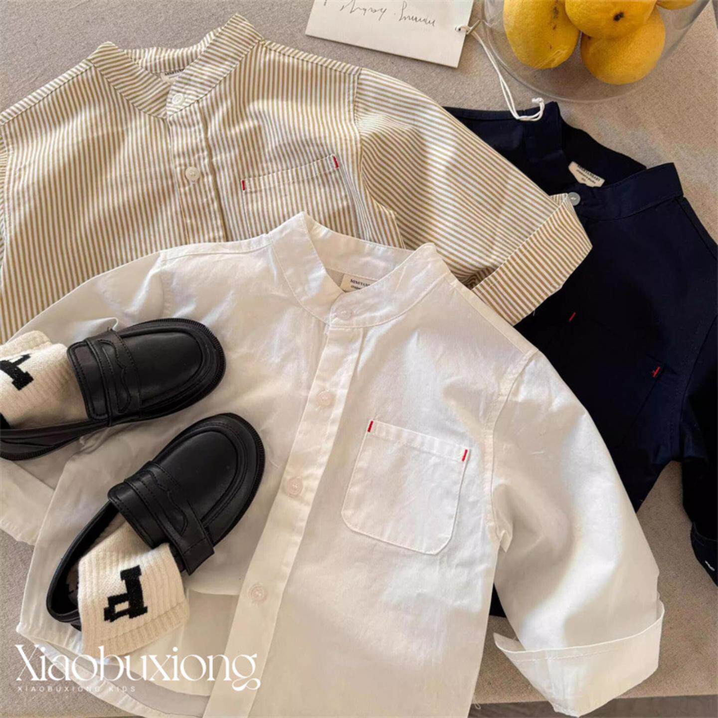 小布熊儿童衬衫春秋男童日系潮牌立领衬衣宝宝长袖上衣纯色打底衫