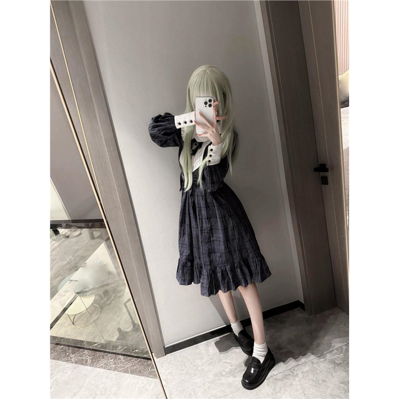 BanG Dream MyGO若叶睦cos日常服娃娃领格子连衣裙设计感收腰裙子