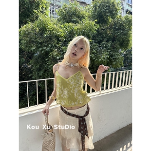 清冷系穿搭套装 女春夏显白绿色印花背心吊带高腰显瘦包臀裙半身裙