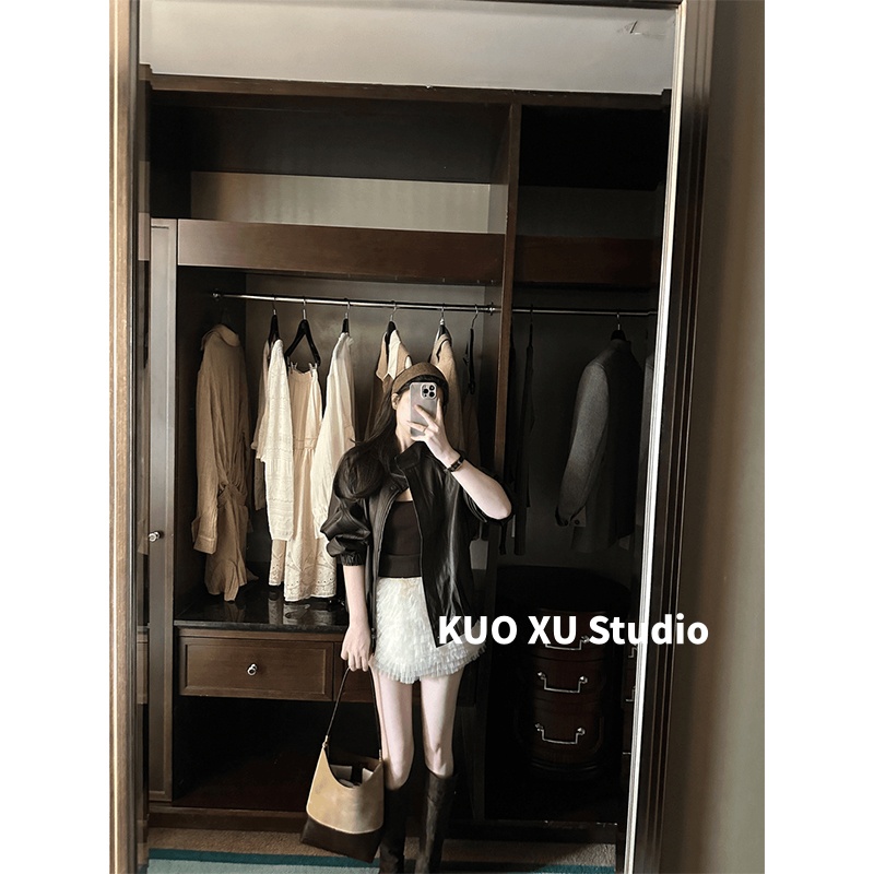 秋冬皮衣夹克外套内搭吊带背心女小个子高级感修身显瘦半身裙套装