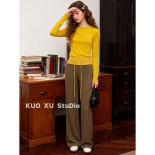 韩式搭配一整套冬装黄色正肩打底衫内搭长袖t恤系带条纹阔腿裤女