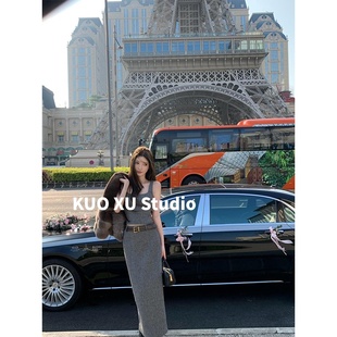 开叉包臀半身裙套装 秋冬穿搭灰色背心吊带短款 纯欲上衣高腰中长款