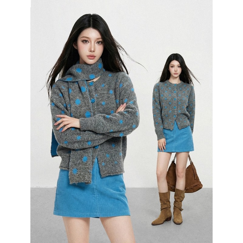 秋冬穿搭波点针织开衫围巾毛衣外套女两件套蓝色半身裙短裙包臀裙
