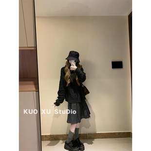 女 毛衣外套女复古格子裙百褶半身裙子套装 秋冬穿搭韩版 麻花针织衫