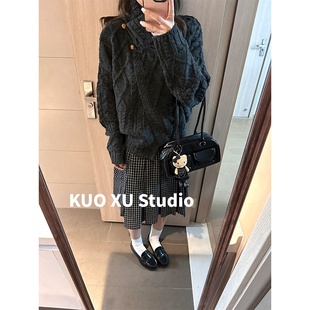 女 毛衣外套宽松高腰半身裙套装 早秋穿搭长袖 灰色复古针织上衣开衫