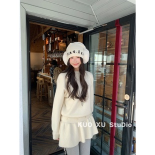 超好看深冬装 套头毛衣杏色高腰针织短裙半身裙女 一整套圆领针织衫