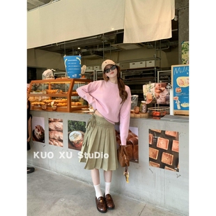 早秋穿搭粉色镂空毛衣上衣慵懒高级感系带中长款 百褶裙半身裙套装