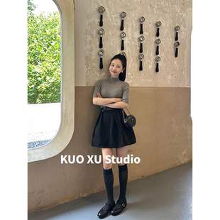 上衣女高腰显瘦半身裙花苞短裙套装 日常穿搭灰色半高领半袖 打底衫