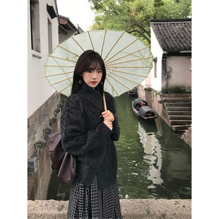秋冬穿搭韩系复古麻花毛衣翻领针织开衫 女 外套格子半身裙中裙套装