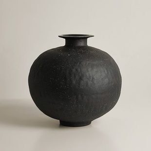 饰品小瓶口陶罐 黑色陶瓷花瓶化妆土摆件客家居侘寂风复古民宿装