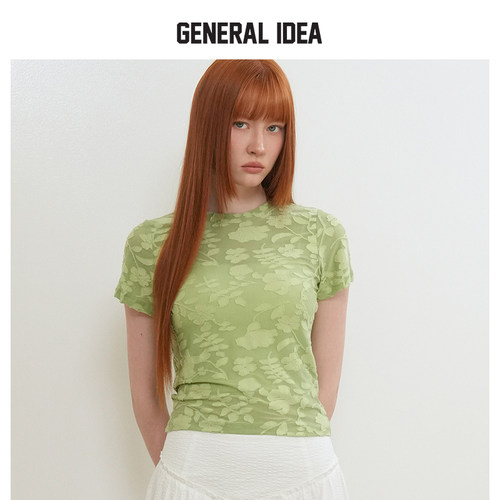 GENERAL IDEA BY BUMSUK春日粗花呢花卉混纺收腰修身短袖T恤