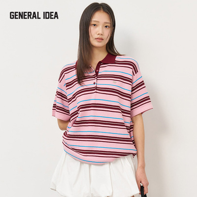 GENERAL IDEA BY BUMSUK新款复古配色条纹polo短袖T恤宽松休闲女