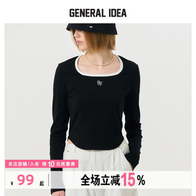 GENERAL IDEA BY BUMSUK撞色方领刺绣正肩长袖T恤打底衫上衣女士