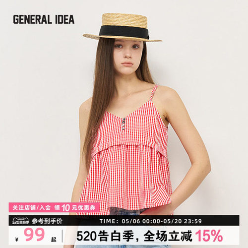 GENERAL IDEA新款英伦早餐格纹吊带背心休闲V领无袖上衣女士