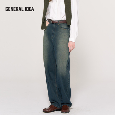 GENERAL IDEA 秋复古水洗高腰弯刀牛仔裤女宽松休闲时尚长裤