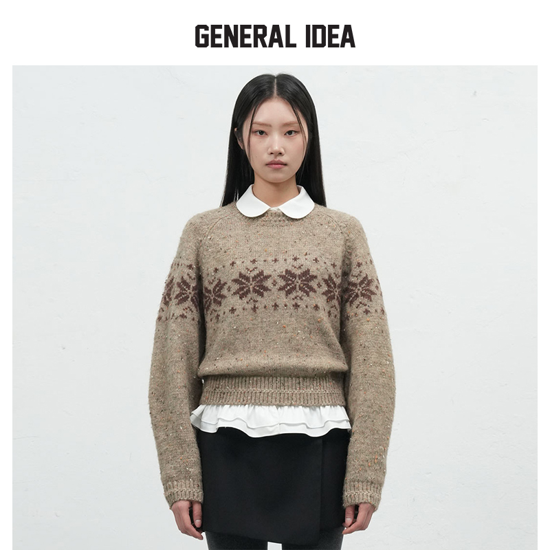 GENERAL IDEA BY BUMSUK北欧雪绒花几何提花圆领针织毛衣长袖女