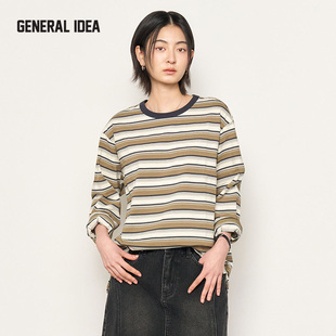 GENERAL IDEA BY BUMSUK秋季复古日系拼色条纹长袖T恤宽松休闲女
