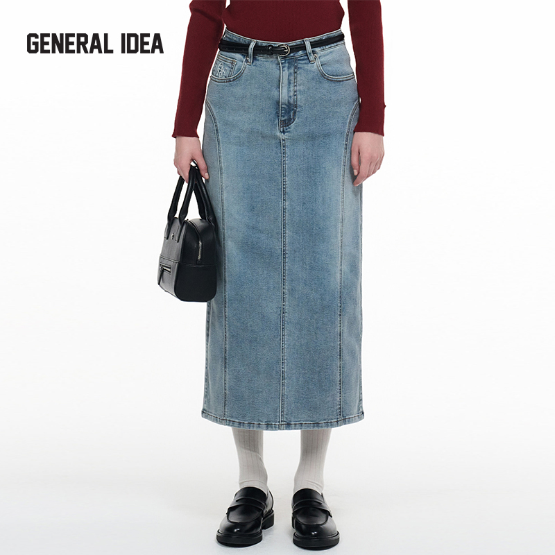 GENERAL IDEA秋新款微喇切割线条后开叉牛仔半身裙半身长裙女士