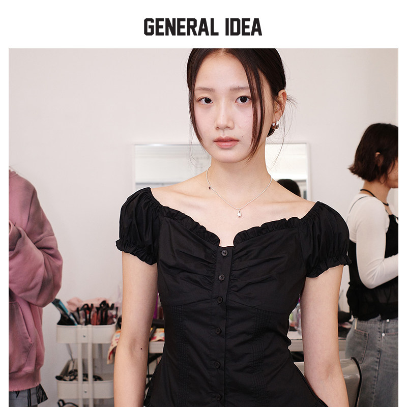 GENERAL IDEA BY BUMSUK初夏法式宫廷风压花一字肩泡泡袖短袖上衣 - 实物图