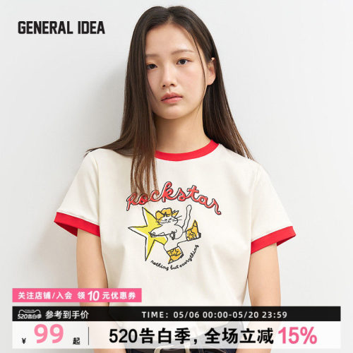 GENERAL IDEA BY BUMSUK摇滚披头猫拼接撞色短袖T恤女趣味印花
