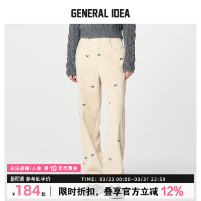 GENERAL IDEA BY BUMSUK蝴蝶结刺绣灯芯绒直筒裤休闲长裤女秋季