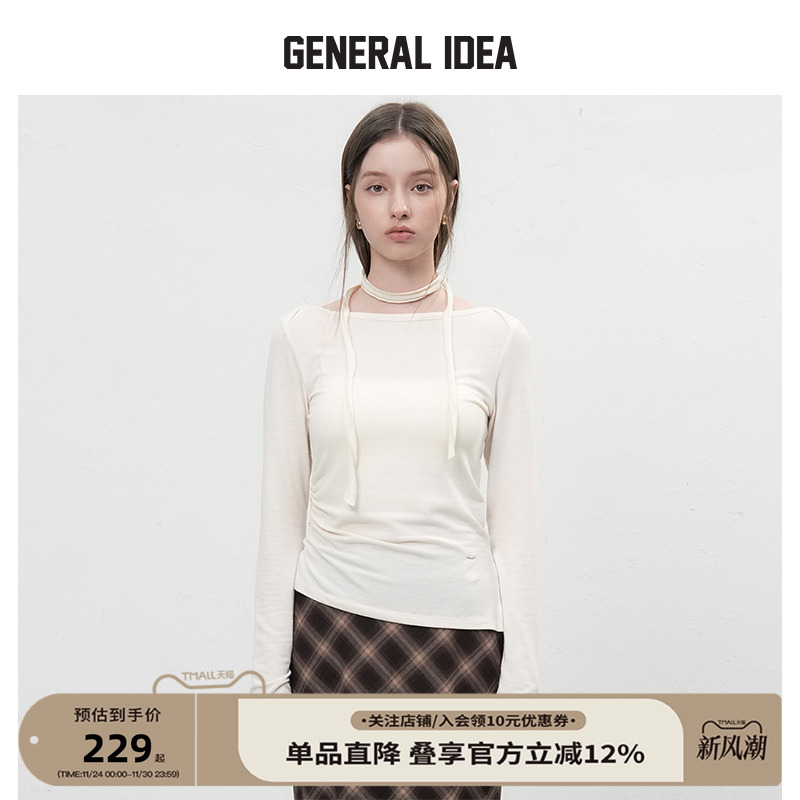 GENERAL IDEA BY BUMSUK艺术解构领带不对称开衩长袖T恤上衣女