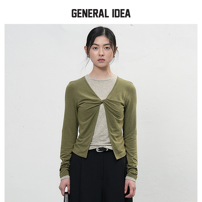 GENERAL IDEA BY BUMSUK秋新款扭结设计亚麻拼接长袖T恤上衣女