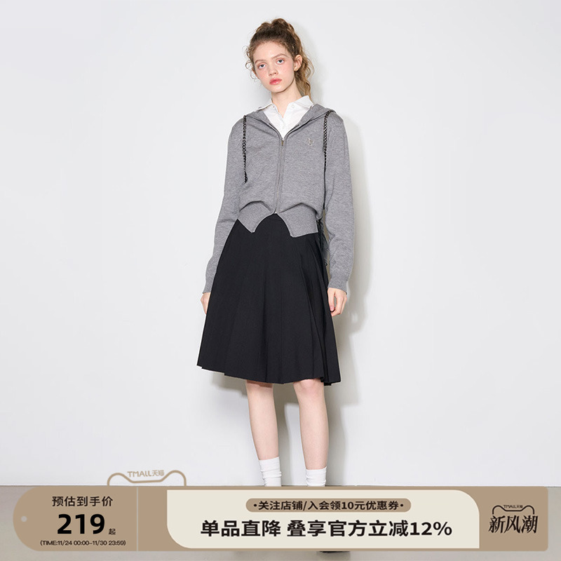 GENERAL IDEA拉链连帽针织开衫短外套/法式复古百褶半裙